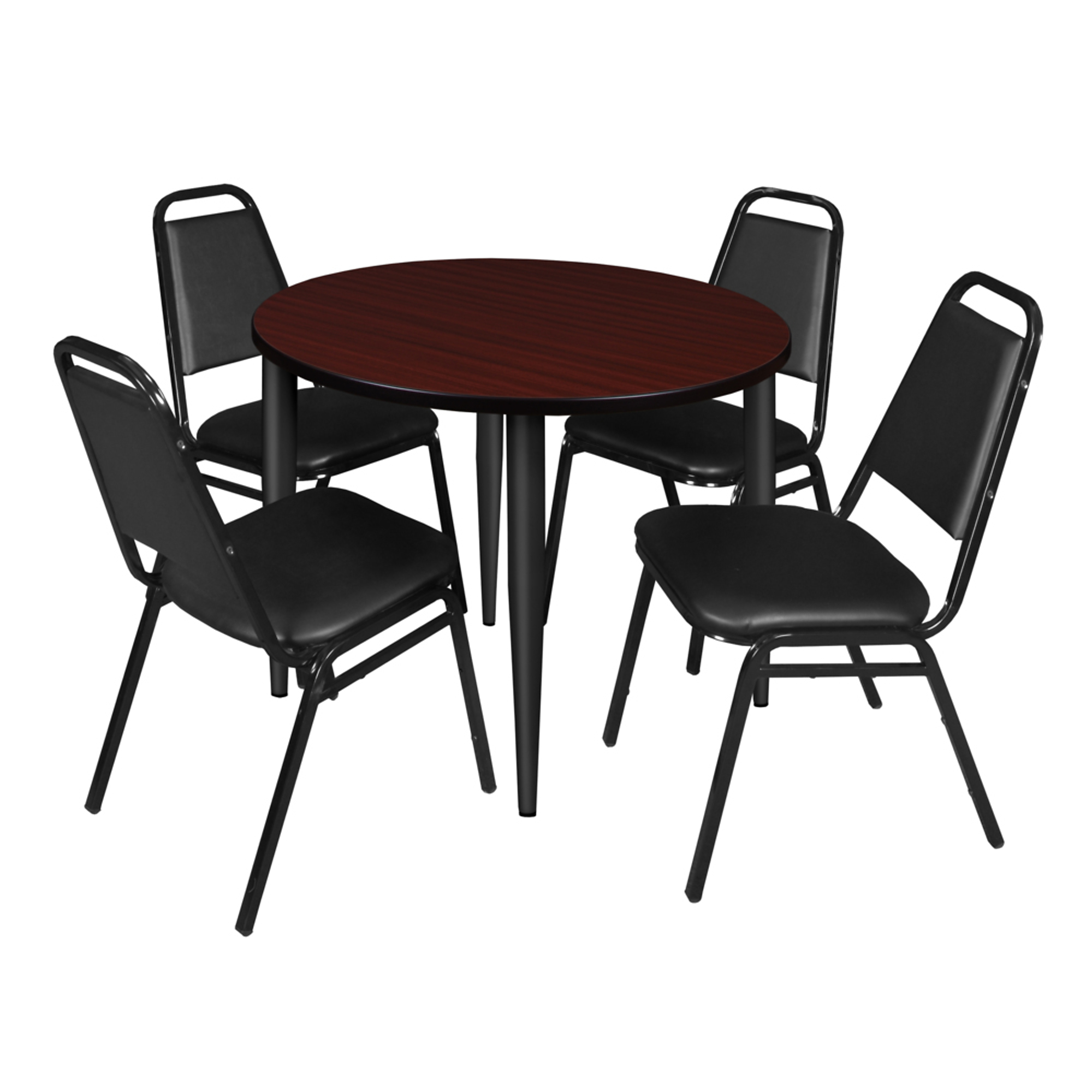 Regency Kahlo Round Breakroom Table and Restaurant Stack Chairs Set — 36in., Mahogany/Grey Top, Black Base, 4 Chairs, Model# TPL36RNDMHBK29BK